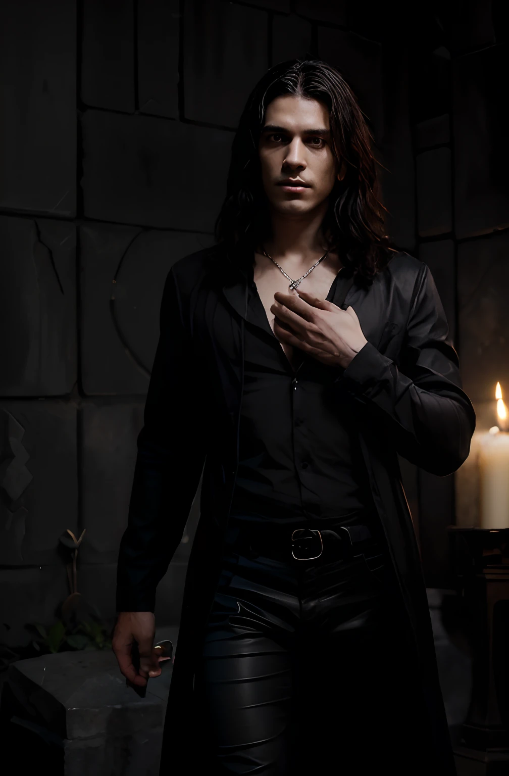 In a world of Dungeons and Dragons, where magic and the occult were a present force, a young man was a necromancer. This man is an enigmatic figure, shrouded in a mystical style, he has short, wavy hair, black as midnight. His pale black eyes emanated intense power, but they also hid the weight of wisdom gained from exploring the forbidden depths of necromancy. Dressed entirely in black, the man wore a fabric blouse with an open collar and leather pants that seemed to absorb the light around him. The accessories he carried were minimalist but meaningful. He wore a silver necklace with a pendant, symbolizing his connection with death and passage to the realm of the dead. He has only a dark ebony wand, as well as runes and magic circles tattooed on his hands. It was his tool to conjure and control the dark forces from beyond the grave.