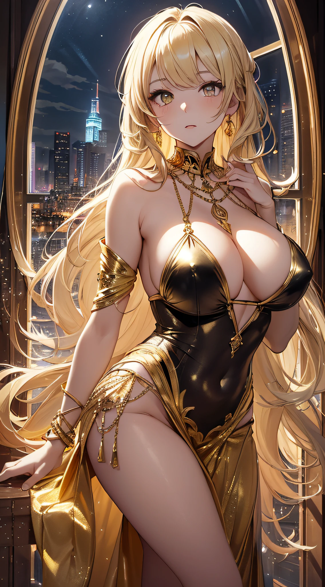 top-quality、Top image quality、masterpiece、girl with((20yr old、Best Bust、big bast、Bust 85,beautiful golden eyes、Breasts wide open,Blonde long hair、A slender、Large valleys、Gold Bikini、Gold Dress,Leaning forward、Reflecting the whole body))hiquality、Beautiful Art、Background with((Luxury Hotels、Golden Chain、Window with night view)))masutepiece、visualart、depth of fields、