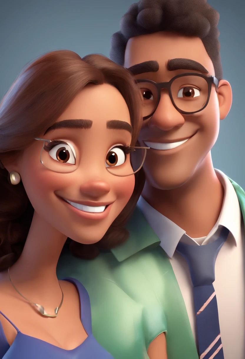 An illustration of an adorable couple, Highlighting a chubby mulatto man wearing glasses smiling and a brunette woman with beautiful expressive eyes - the man's skin is mulatto and the man's hair haswhile the woman's skin is black and the woman's hair is straight and brown. They are a bright room, cada um com um sorriso no rosto, e compartilhar um momento especial caracterizado pelo amor, Insights. Illustrate this scene from a perspective where they are facing the camera, Smiling and Showing Your Connection. Desenvolva esta arte em Full HD, Focus on your cinematic touch, Estilo Disney Pixar Animations