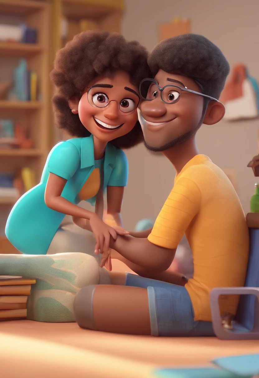 An illustration of an adorable couple, Highlighting a chubby mulatto man wearing glasses smiling and a brunette woman with beautiful expressive eyes - the man's skin is mulatto and the man's hair haswhile the woman's skin is black and the woman's hair is straight and brown. They are a bright room, cada um com um sorriso no rosto, e compartilhar um momento especial caracterizado pelo amor, Insights. Illustrate this scene from a perspective where they are facing the camera, Smiling and Showing Your Connection. Desenvolva esta arte em Full HD, Focus on your cinematic touch, Estilo Disney Pixar Animations