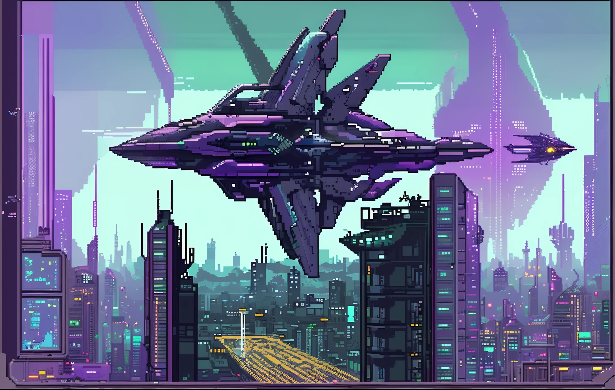a pixel art of a spaceship flying over a city, cyberpunk pixel art, detailed pixel art, purple cyberpunk city, beautiful detailed pixel art, # pixelart, #pixelart, detailed pixel artwork, cyberpunk art style, background cyberpunk spaceship, concept pixelart, #pixelart:3, epic retrowave art, high quality pixel art, ultra detailed game art, purple future city