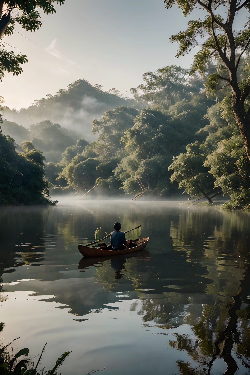 there is a man in a canoe on a river in the fog, mystical forest lagoon, dreamy scene, indonesia national geographic, in a serene landscape, mystical scene, mystical lake, jungles of vietnam beautiful, mystical setting, beautiful environment, serene environment, early morning light, stunning atmosphere, the morning river, enchanting and otherworldly, lost in a dreamy fairy landscape