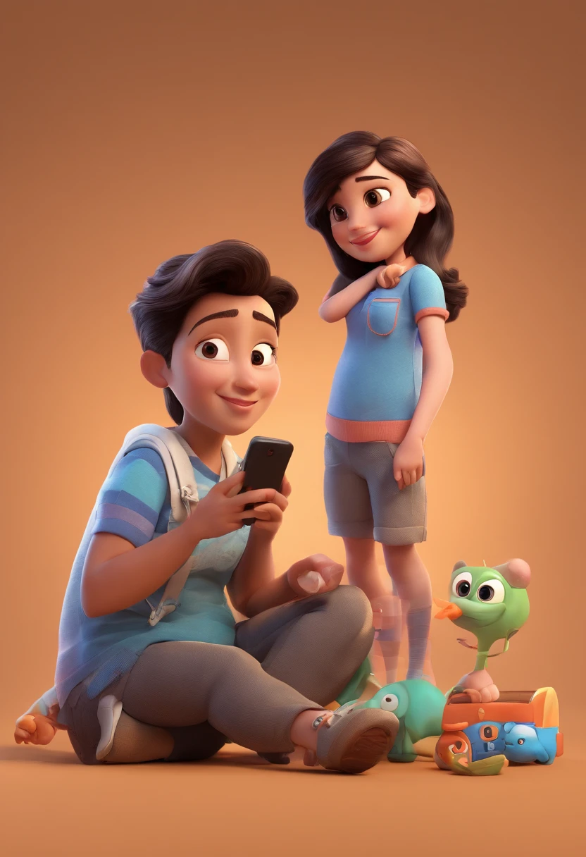 Estilo Pixar: A mulher jovem gravida, morena, cabelos longos, Dark eyes is holding on her lap a 1--old  with gray eyes and in her other hand she is holding a cell phone, 3D Poster,Disney