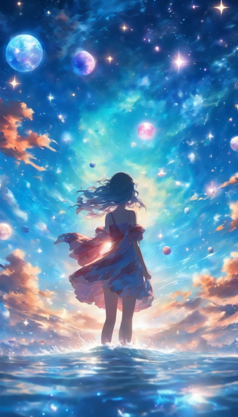 Rear view, with their face not visible.Woman floating in the water.  Fantastic sky. crystal clear skies.Floating stars and planets.Fantastic blue. High quality down to the smallest detail. fantastic landscape . People are far away