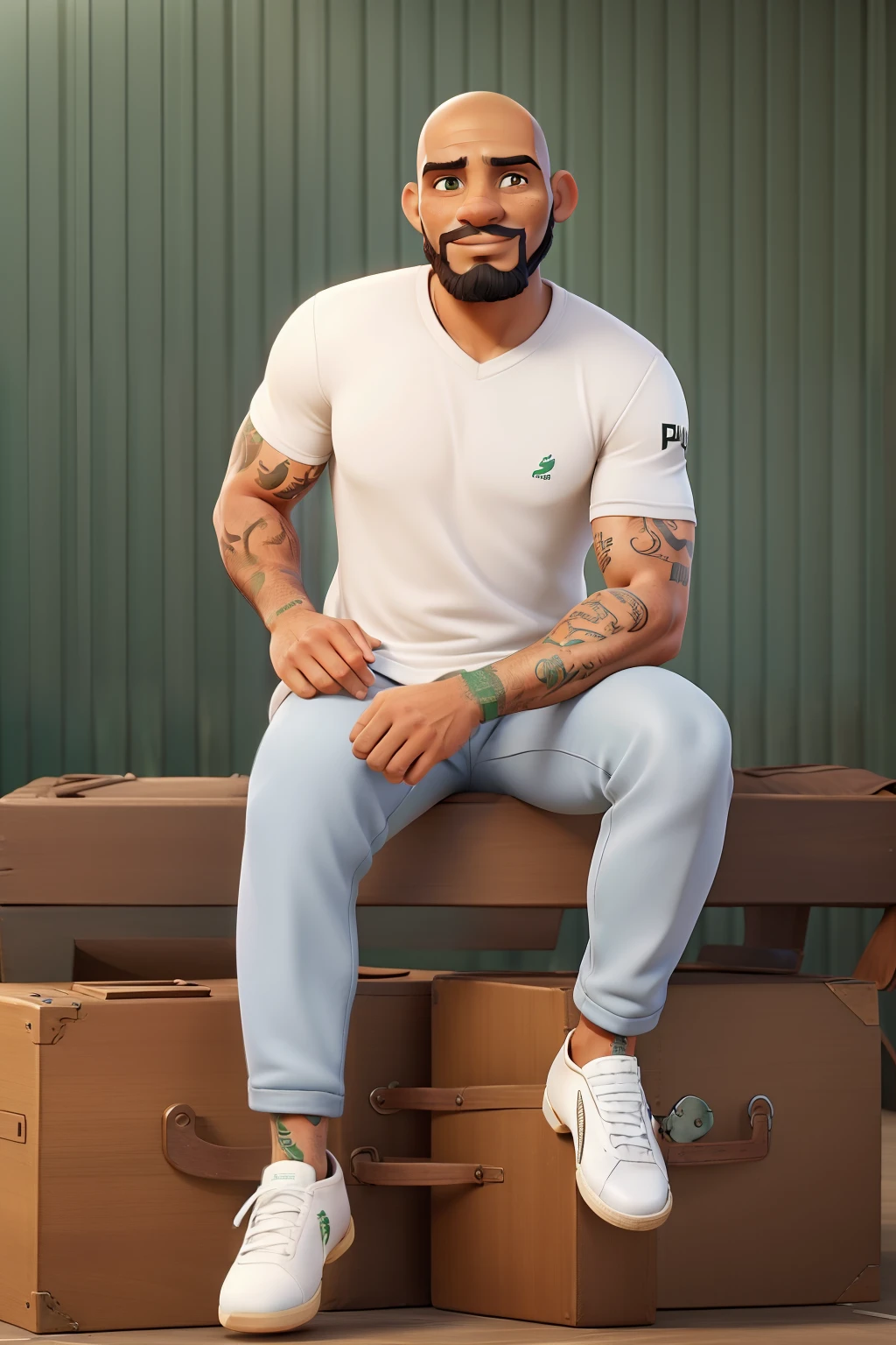 Emanoel Santos homem com barba um pouco comprida, pele clara, forte, Tattooed left arm and hand, olhos verdes, shaved head