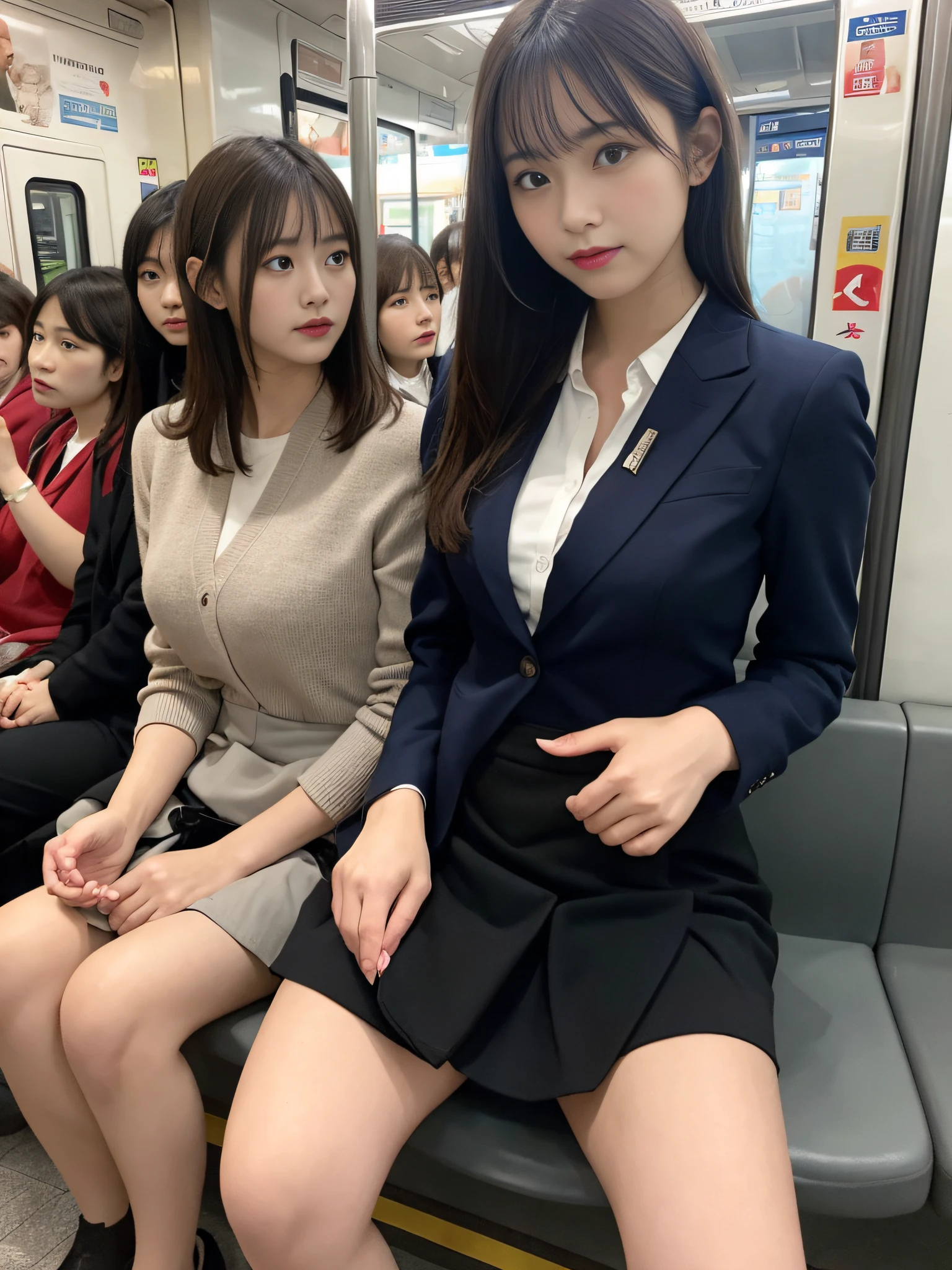 masutepiece, View from the front of the seat、Spread your right and left legs、Opening legs、low angles、Skirt Focus、Lower body focus、Inside the skirt、sit with your legs spread,itting open legs、Best Quality, finely detail, hight resolution, in 8K,Beautiful detailed eyes, Women's Suits、lightly dressed、Medium Hair,Colossal tits,Natural Color Lip, ssmile, Shibuya OL system、20 years girl、Cute、Tokyo Metro、subway、On the train、horizontal seat、seating、sitdown、Sit deep、tight skirts、Panchira,Hands are raised,Spread your legs wide to show your crotch