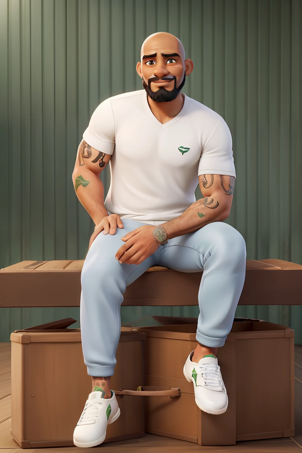 Emanoel Santos homem com barba um pouco comprida, pele clara, forte, Tattooed left arm and hand, olhos verdes, shaved head