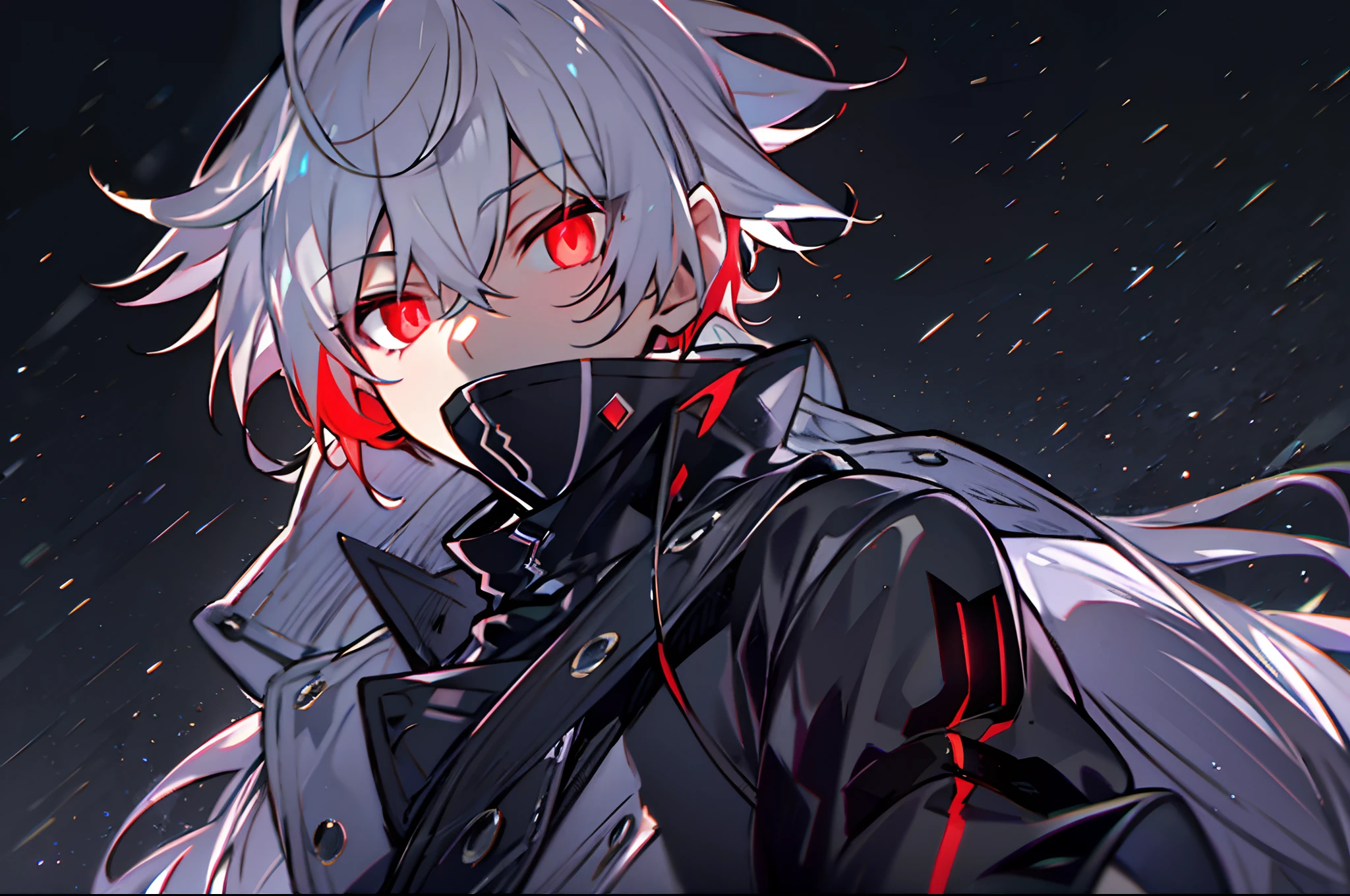 hight resolution,close range、Anime boy with white hair and red eyes staring at camera, Glowing red eyes,slim, dressed in a black outfit,Shadow Body,de pele branca,monochromes,hair messy,Straight face、Diagonal angle