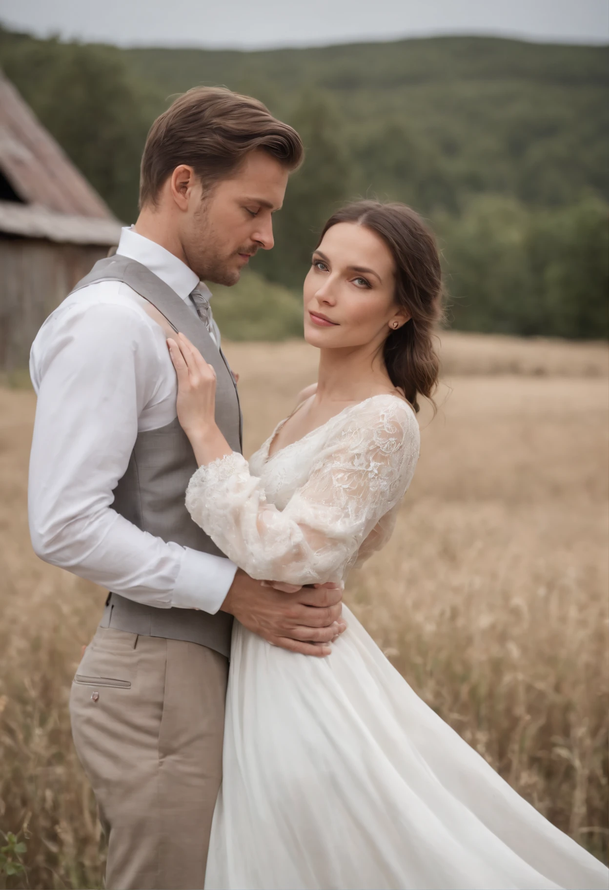 A portrait of a couple in front of a rustic barn, with the woman wearing a flowing white dress and the man wearing a suit, The fund should feature a picturesque rural setting