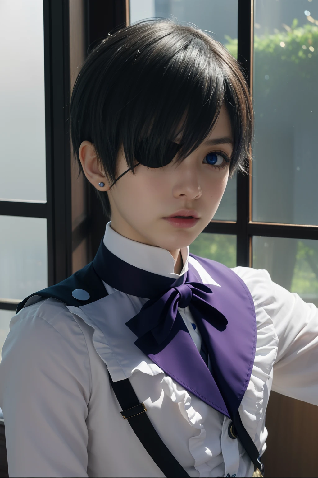 (Best Quality,4k,8k,highres,巨作:1.2),A highly detailed,(Realistic,Realistic Photos,Realistic Photos:1.37),portrait,anime,Phantomhive Sky,boy,10 years old,,dark hair,Intense look,pale skin,Royal Uniform,Classic Victorian style,Stylish clothes,Precision stitching,Feather has,Golden accents,deep blue eyes,Purple eye patch,Detailed lashes,exquisite facial features,serious expression,Confident position,Stand in majestic, Sit in a beautiful office with a window behind it overlooking the garden,Dramatic shades,Invisible lens glow,vibrant colours,Rich color scheme,Royal Purple,Royal Blue,Delicate pastel tones,Gentle sunlight flows through the leaves. Ten-year-old boy dressed in boyish clothes with short hair