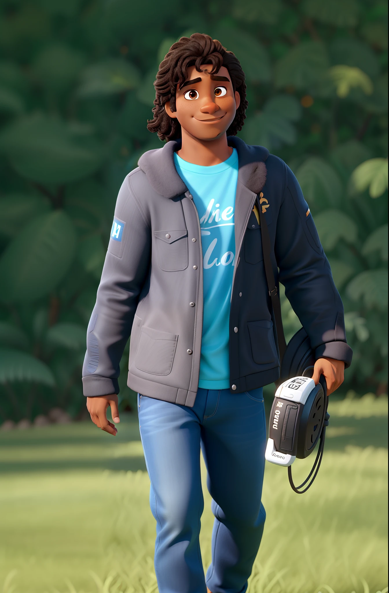 Um homem de pele morena, cabelo preto ligeiramente cumprido e ondulado, medium-sized brown eyes, andando estilo disney pixar, alta qualidade, melhor qualidade