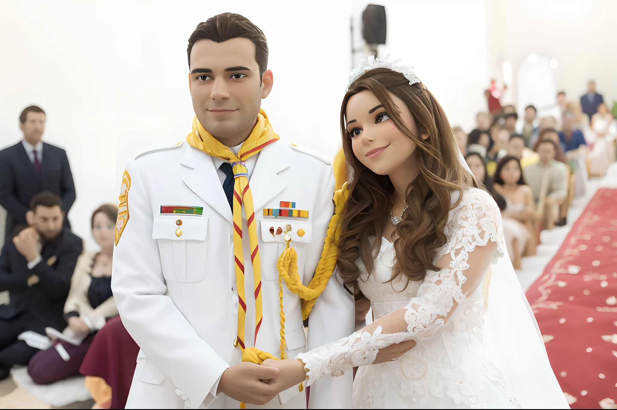 An illustration of a bride and groom , Spotlight on a smiling brunette man and a white woman with beautiful expressive eyes - the man's skin is brunette and brown hair, the woman's skin is white and the woman's hair is curly and brown. They are a bright room, cada um com um sorriso no rosto, e compartilhar um momento especial caracterizado pelo amor, Insights. Illustrate this scene from a perspective where they are facing the camera, Smiling and Showing Your Connection. Desenvolva esta arte em Full HD, Focus on your cinematic touch, Estilo Disney Pixar Animations. crie uma foto no estilo pixar/disney contendo um homem e uma mulher na igreja casando, The man is wearing a white suit and green pants. on the suit contains emblems on the right sleeve of the suit and on the left sleeve of the suit contains a twist/Braided rope in yellow color. The man has a yellow pathfinder leader scarf around his neck . a noiva esta com vestido branco longo