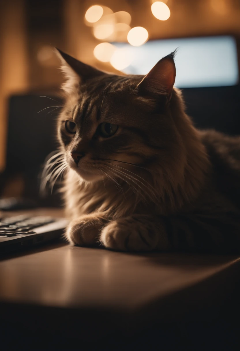 Cat holding its head in front of the PC