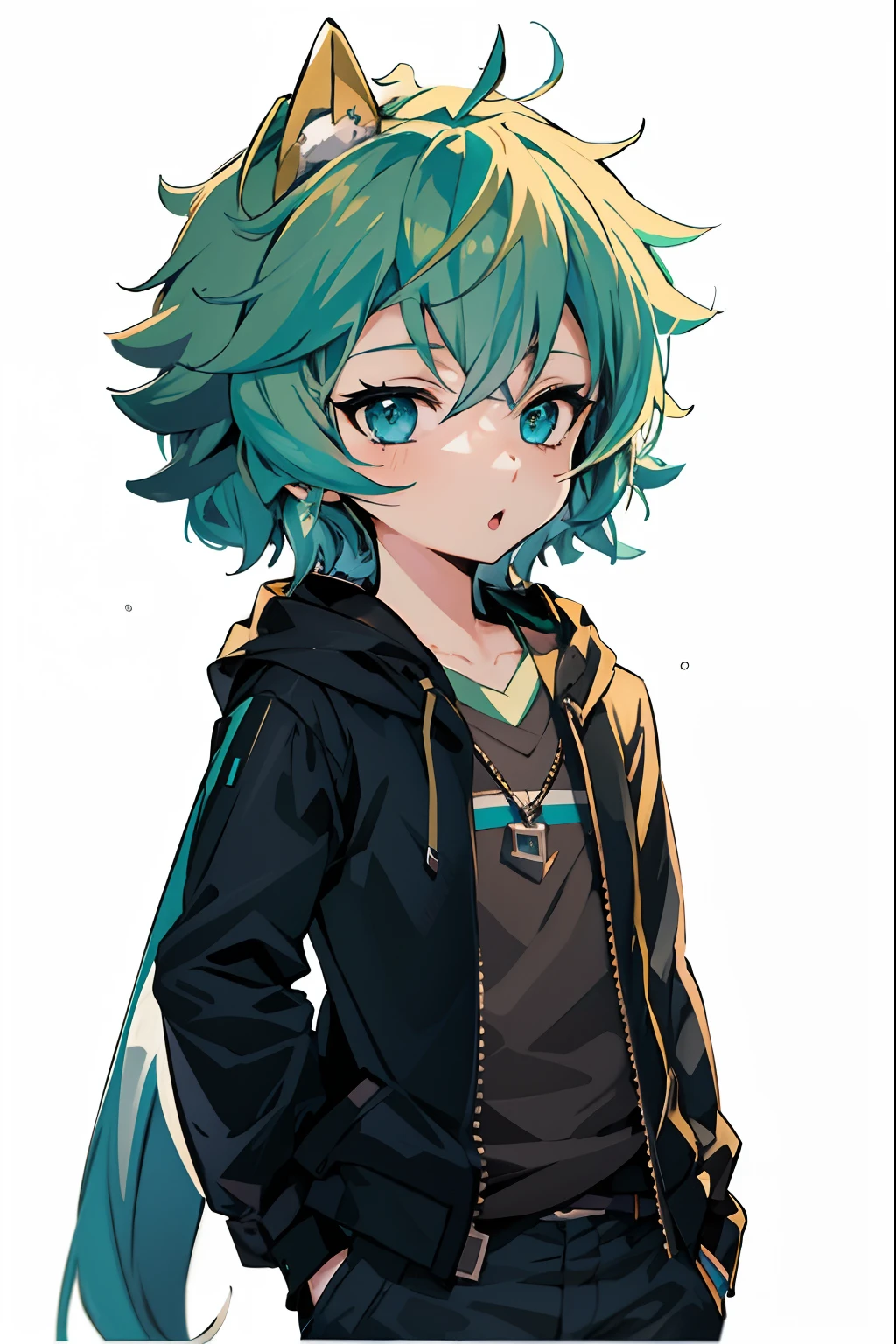 Green hair and blue eyes anime character wearing a black jacket, nagito komaeda, anime moe art style, Anime girl with teal hair, hatsune miku short hair, Anime Boy, Mikudayo, by Puru, 2 d anime style, High quality anime art style, anime style character, tall anime man with blue eyes, young anime man, Anime Character,Opening Mouth
