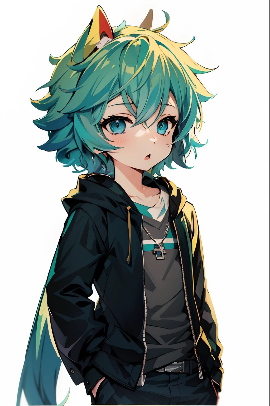 Green hair and blue eyes anime character wearing a black jacket, nagito komaeda, anime moe art style, Anime girl with teal hair, hatsune miku short hair, Anime Boy, Mikudayo, by Puru, 2 d anime style, High quality anime art style, anime style character, tall anime man with blue eyes, young anime man, Anime Character,Opening Mouth