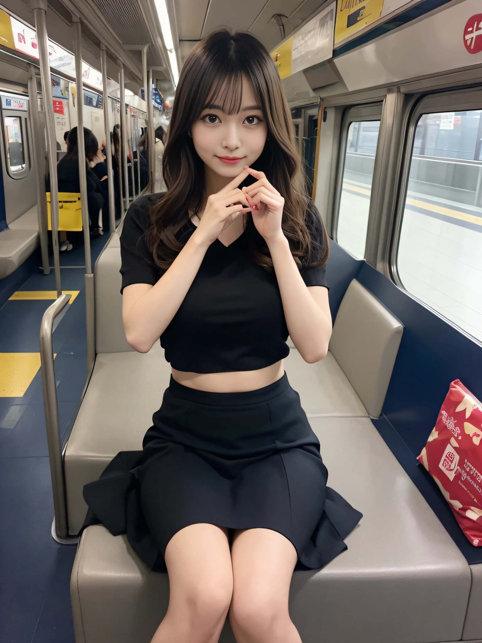 masutepiece,  View from the front of the seat、Spread your right and left legs、Separate the right knee from the left knee、Opening legs、low angles、Skirt Focus、Lower body focus、Inside the skirt、sit with your legs spread,itting open legs、apart knees、Best Quality,  finely detail, hight resolution, in 8K,Beautiful detailed eyes, Women's Suits、lightly dressed、Medium Hair,Colossal tits,Natural Color Lip, ssmile, Shibuya OL system、20 years girl、Cute、Tokyo Metro、subway、On the train、horizontal seat、seating、sitdown、Sit deep、tight skirts、Panchira,Hands are raised,Spread your legs wide to show your crotch
