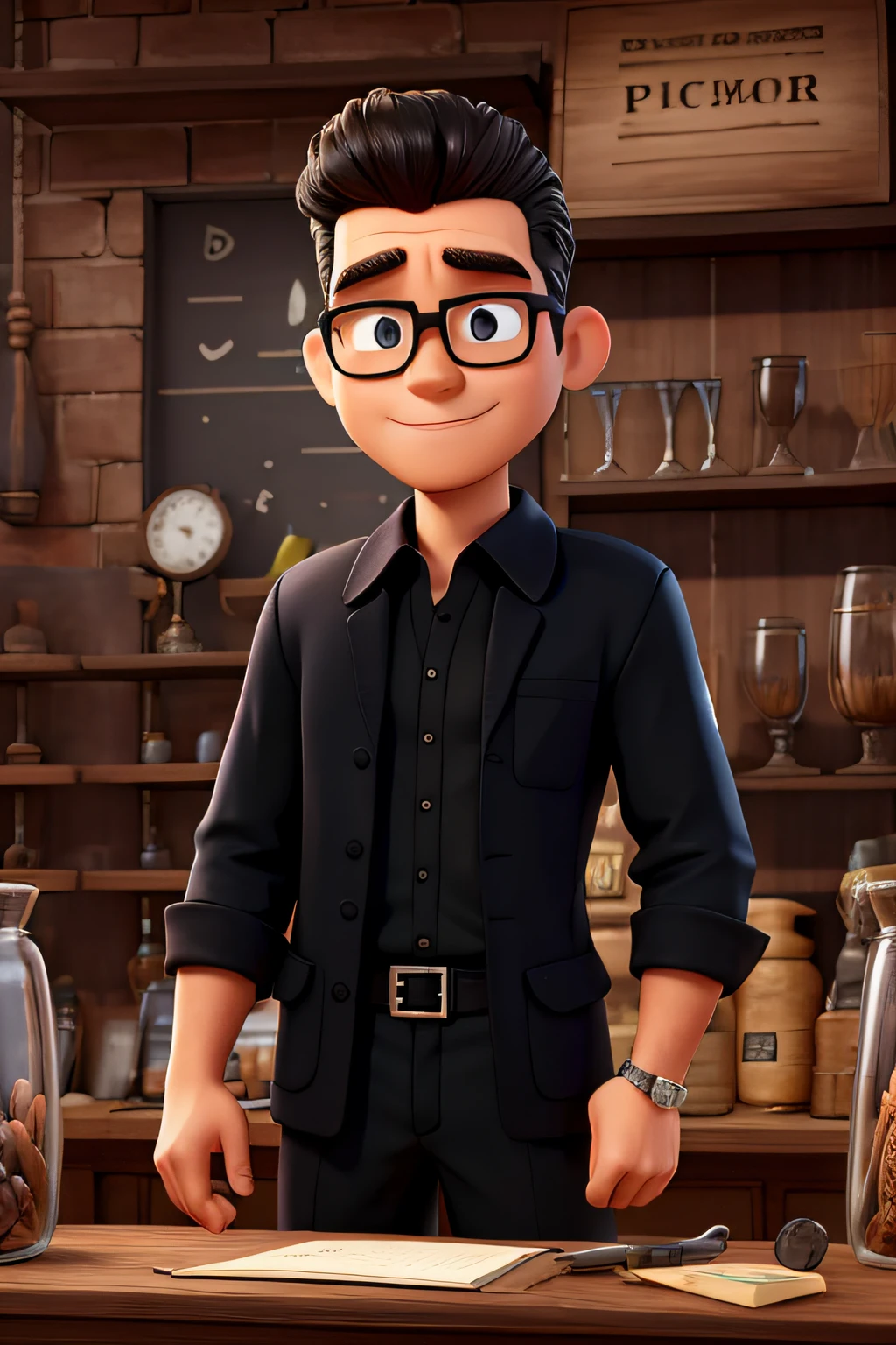 Vendedor em uma loja de vidro com uniforme preto, escrito bsb temper