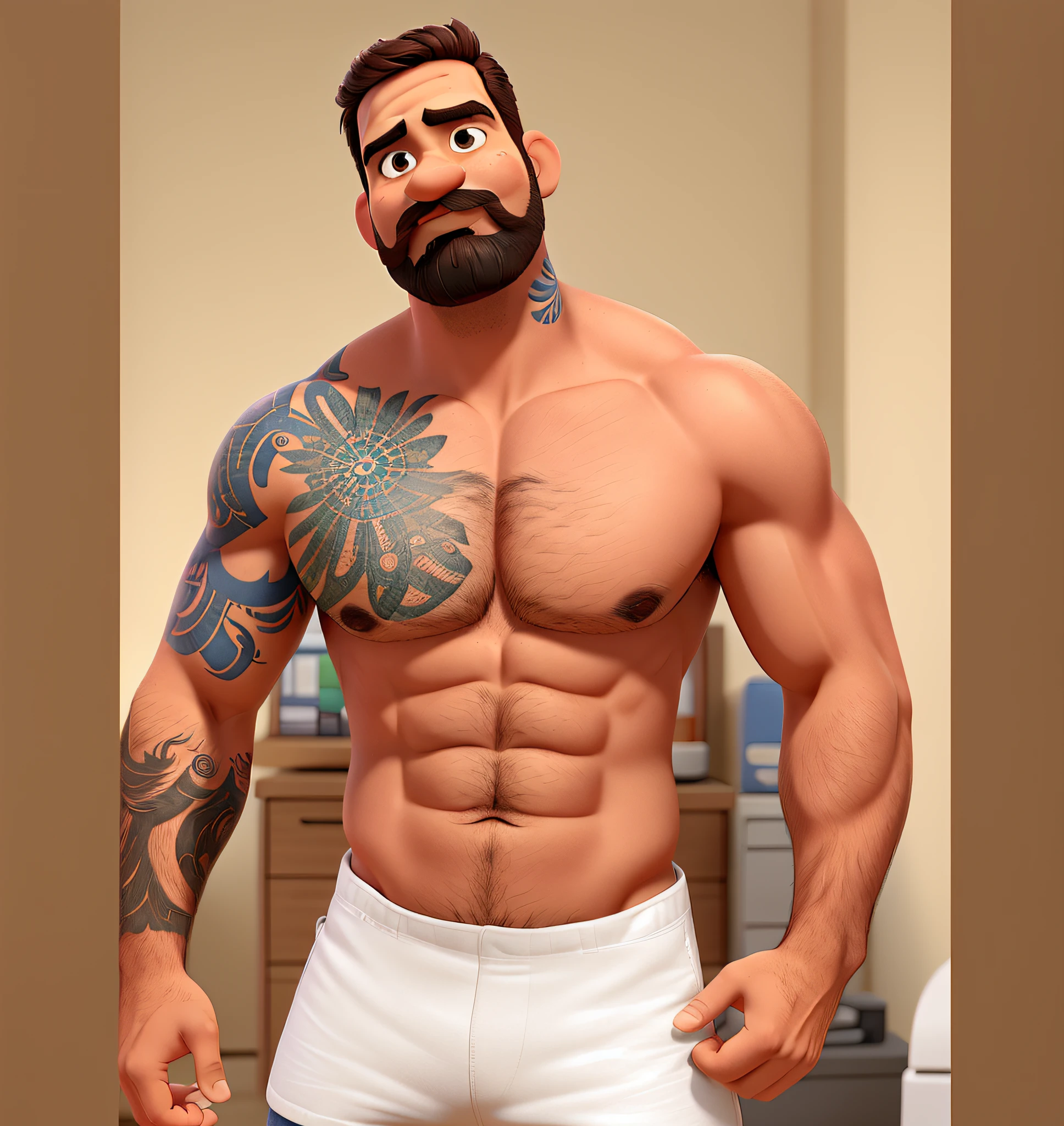 Um homem musculoso, com barba e bigode, estilo disney pixar, alta qualidade, melhor qualidade