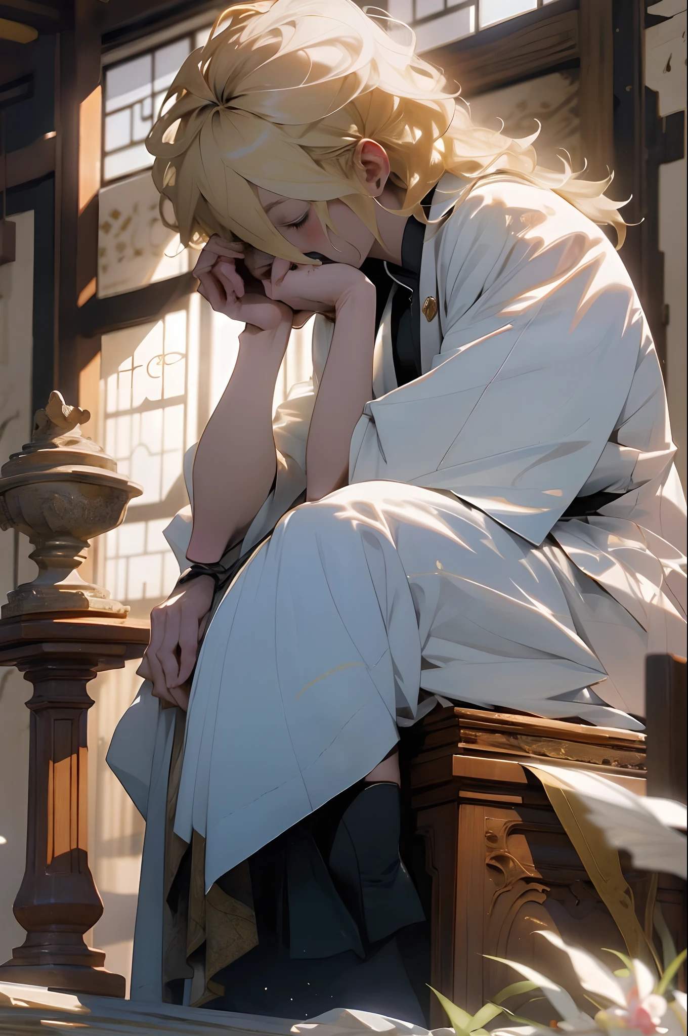 Blonde beautiful boy praying at the association、archangel