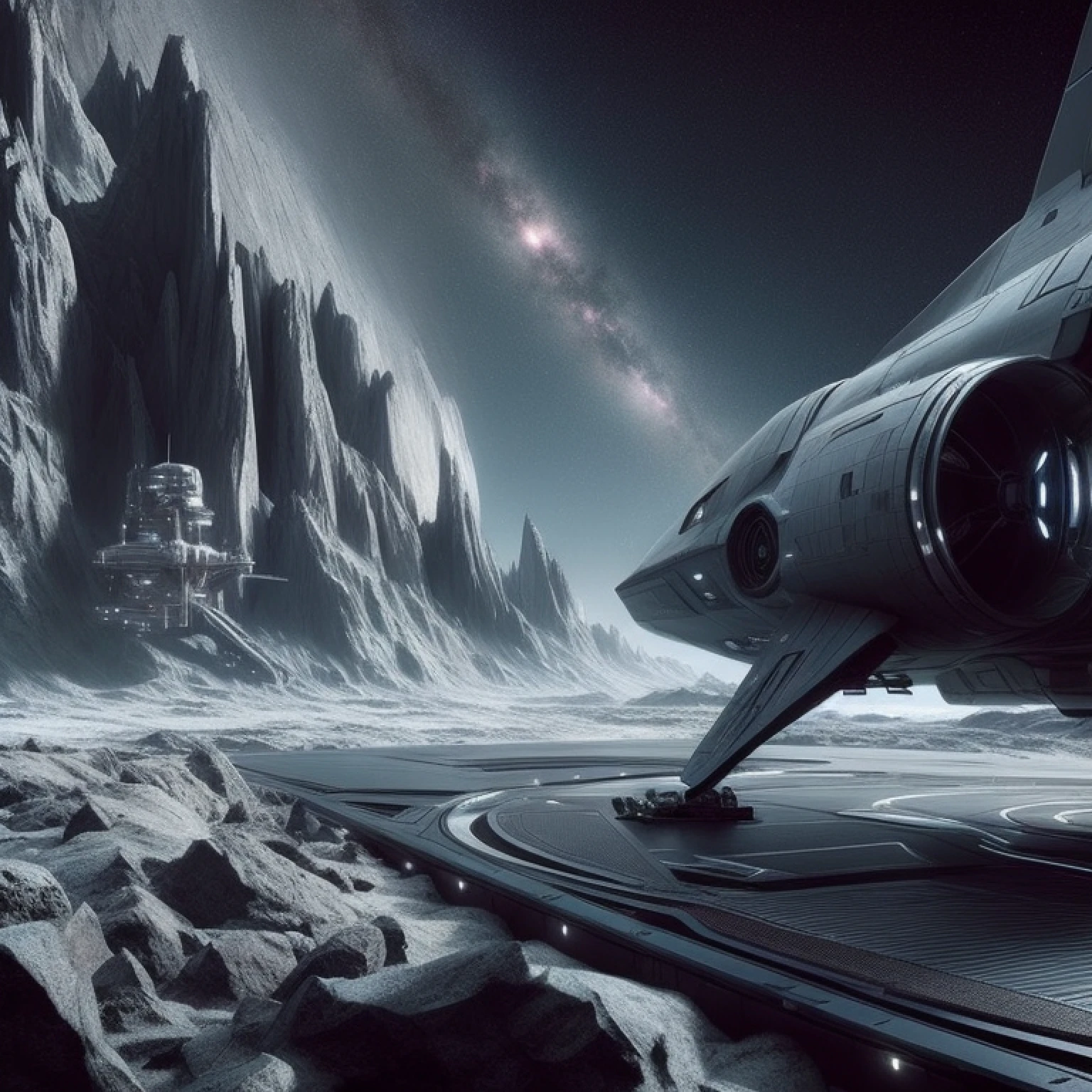 spaceship on a rocky surface with a distant city in the background, star citizen digital art, sci-fi fantasy wallpaper, star citizen concept art, 8 k high detail concept art, 4k concept art, 4 k concept art, concept art 8 k, epic beautiful space scifi, sci fi artwork, 4k highly detailed digital art, concept art 4k