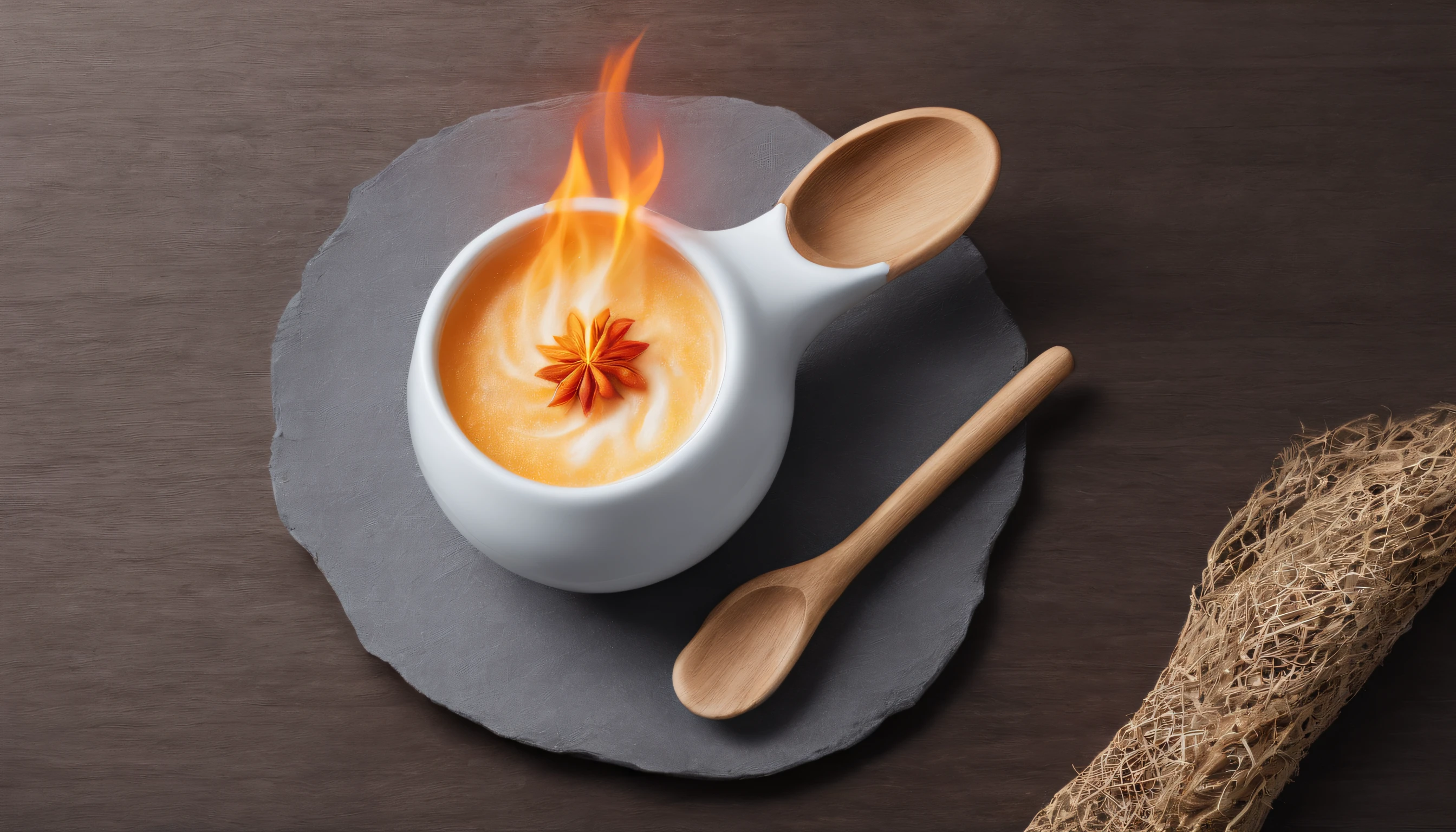 A imagem deve ser simples e elegante, de um prato de jantar branco de acabamento refinado no centro. Sobre o prato, coloque uma colher de pau e um garfo cruzados, criando uma forma de 'X'. Kitchen utensils should be depicted in a soft and elegant way. Adicionalmente, Include a small stylized flame next to the wooden spoon or fork to symbolize the 'dream on fire'. The image must be suitable for use in the layout of a book.