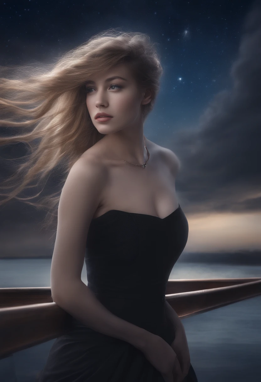 star_\(sky\), starry_sky, night_sky, night, 1girl, breasts, shooting_star, space, sky, milky_way, long_hair, starry_sky_print, light_particles, solo, wading, blue_eyes, aurora, looking_at_viewer, jewelry, water, dress, starry_background, galaxy, very_long_hair, bare_shoulders, bangs, city_lights, necklace, moon, hair_ornament, smile, constellation, ahoge