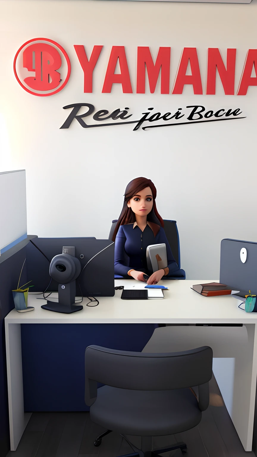 there is a woman sitting at a desk with a laptop, official illustration, semi-realistic rendering, promotional render, 3 d demo carretel avatar, Detailed 3d illustration, finalrender, official rendering, rendered illustration, in an office, 2 d render, maia realista, high res render, para alugar artista 3d, arte renderizada, in office, at office