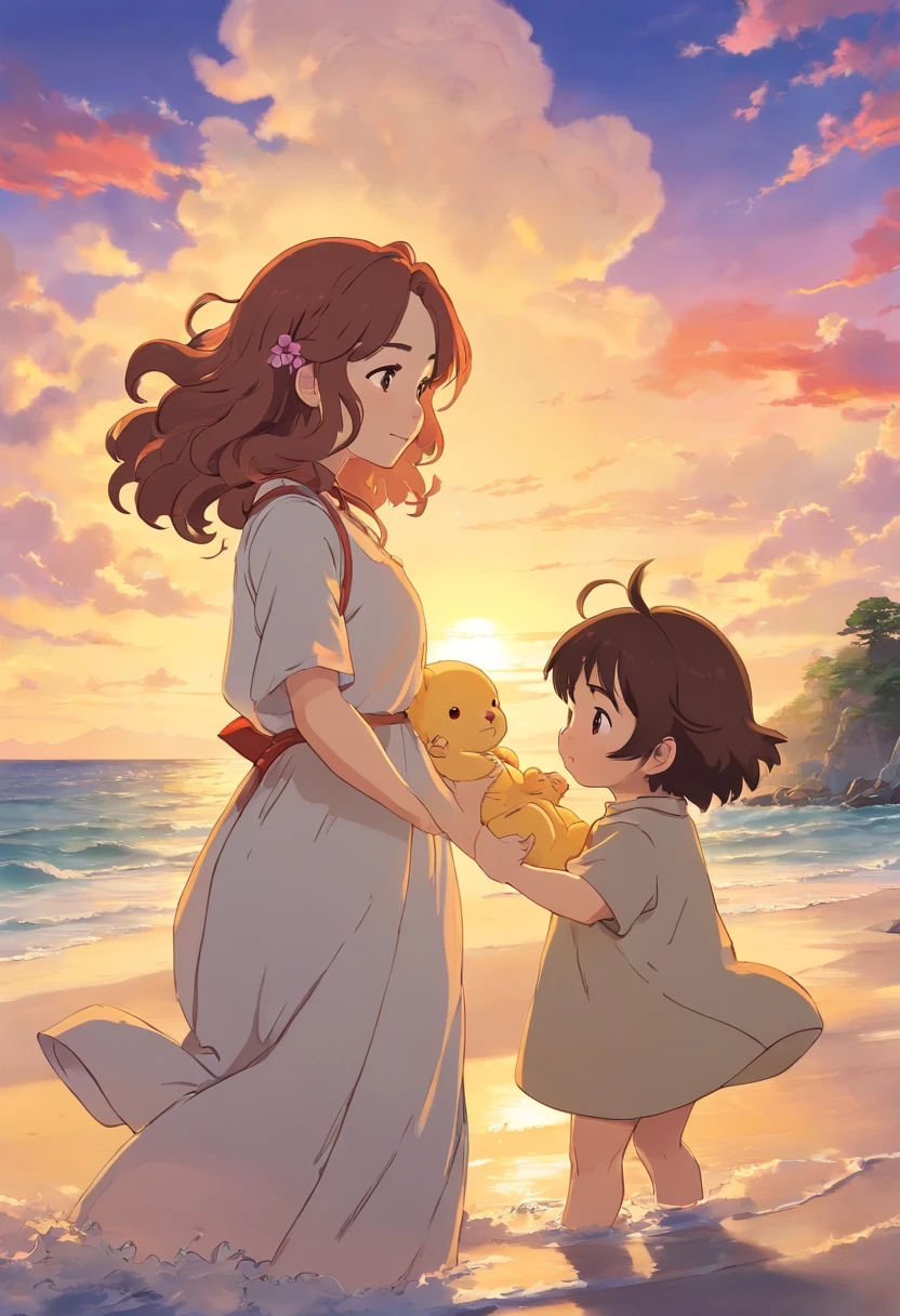 The image will be the cover of a movie: Hippie couple in love with a baby on the beach playing at sunset, She has medium curly hair that is light brown in color, e ele tem a cor da pele branca e tem cabelo no estilo dread preto, The baby has white skin color and light brown curly hair.