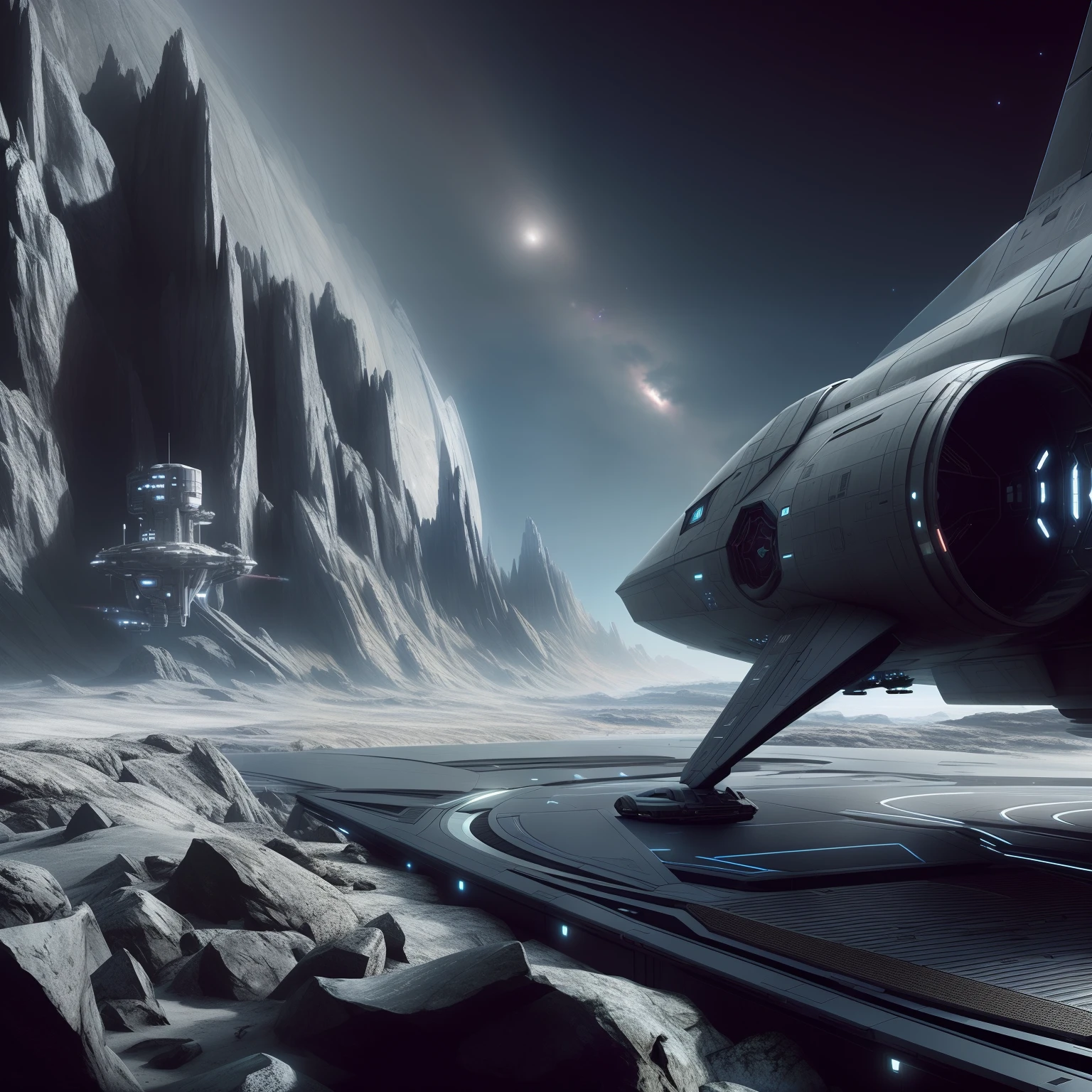 spaceship on a rocky surface with a distant city in the background, star citizen digital art, sci-fi fantasy wallpaper, star citizen concept art, 8 k high detail concept art, 4k concept art, 4 k concept art, concept art 8 k, epic beautiful space scifi, sci fi artwork, 4k highly detailed digital art, concept art 4k