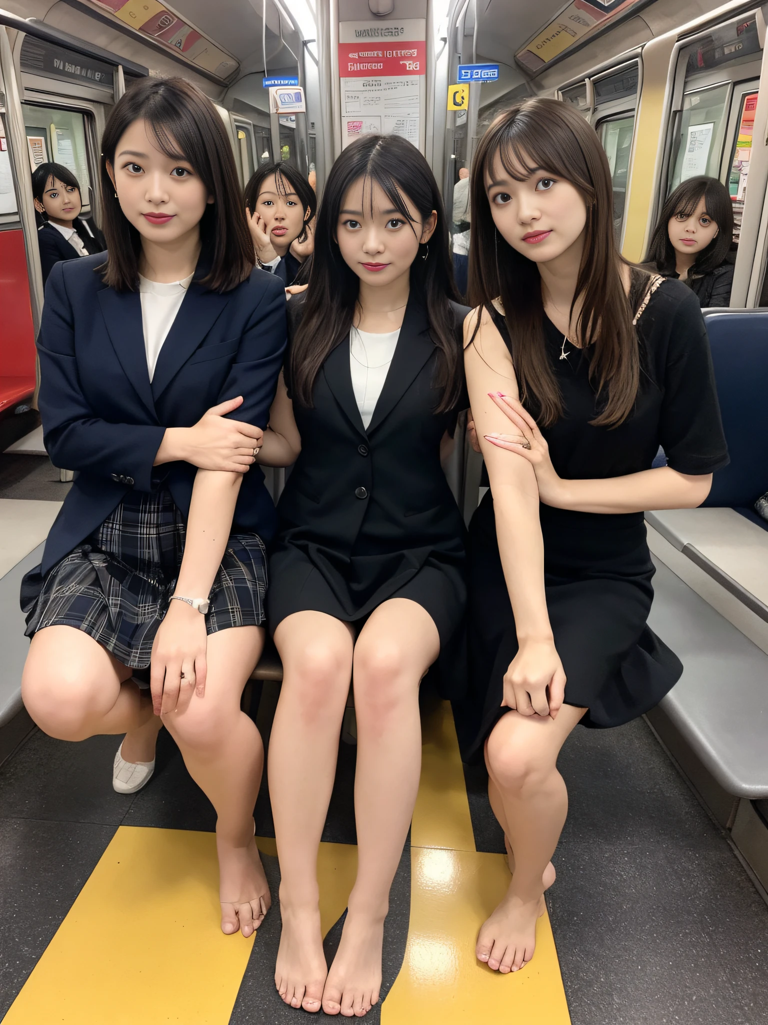 masutepiece, View from the front of the seat、Spread your right and left legs、Separate the right knee from the left knee、Opening legs、low angles、Skirt Focus、Lower body focus、Inside the skirt、sit with your legs spread,itting open legs、apart knees、Best Quality, finely detail, hight resolution, in 8K,Beautiful detailed eyes, Women's Suits、lightly dressed、Medium Hair,Colossal tits,Natural Color Lip, ssmile, Shibuya OL system、20 years girl、Cute、Tokyo Metro、subway、On the train、horizontal seat、seating、sitdown、Sit deep、tight skirts、Panchira,Hands are raised,Spread your legs wide to show your crotch