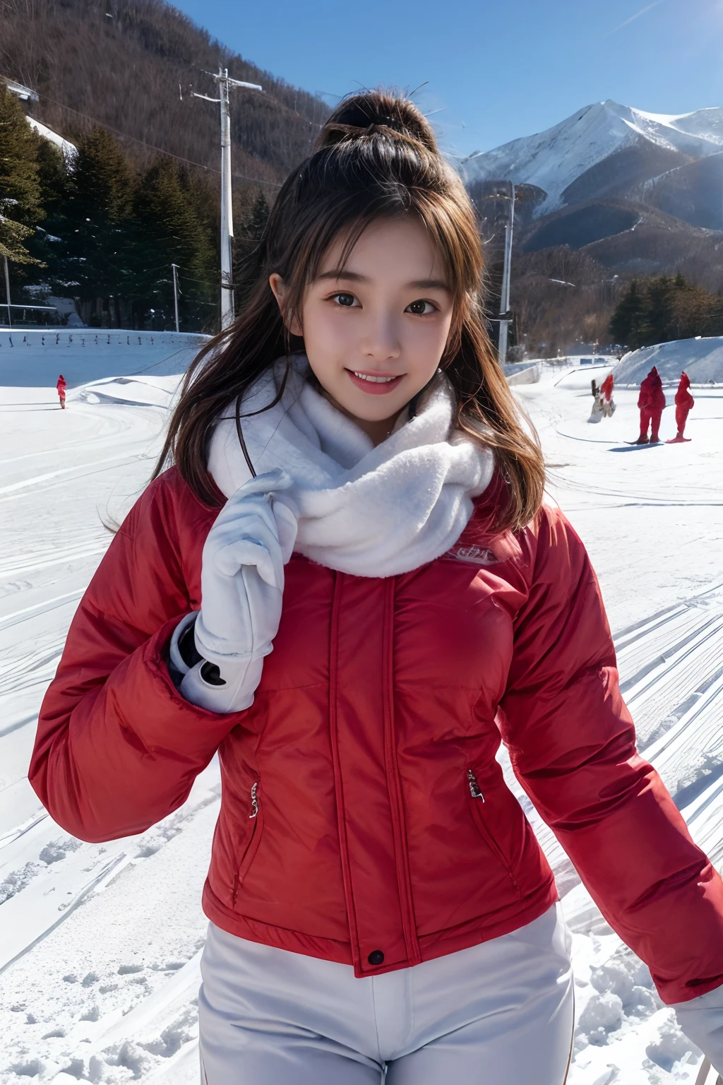 ​masterpiece、8K、32K、top-quality、(A cute Japanese woman:1.1)、detail portrayal、1 girl in、elegent、23years old、bangss、(Ski Wear:1.3)、(Winter Ski Resorts:1.1)、cowboy  shot、tits out、ssmile