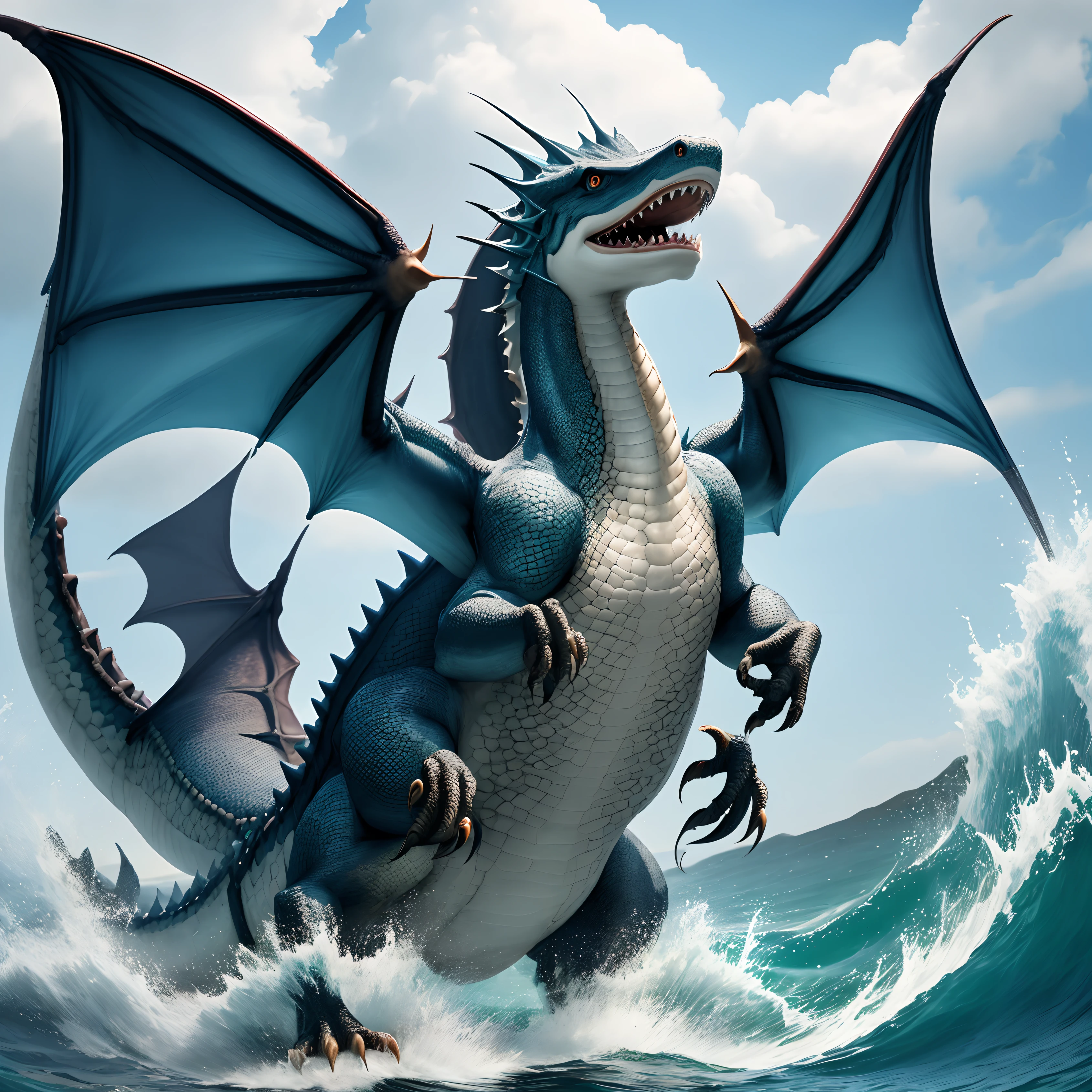 The dragon Cool Water properties large plumage Big fangs Big body Big claws Follow many fish Follow the Shark