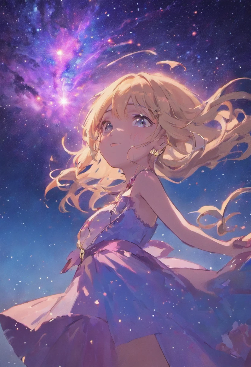 star_\(sky\), starry_sky, night_sky, night, 1girl, breasts, shooting_star, space, sky, milky_way, long_hair, starry_sky_print, light_particles, solo, wading, blue_eyes, aurora, looking_at_viewer, jewelry, water, dress, starry_background, galaxy, very_long_hair, bare_shoulders, bangs, city_lights, necklace, moon, hair_ornament, smile, constellation, ahoge