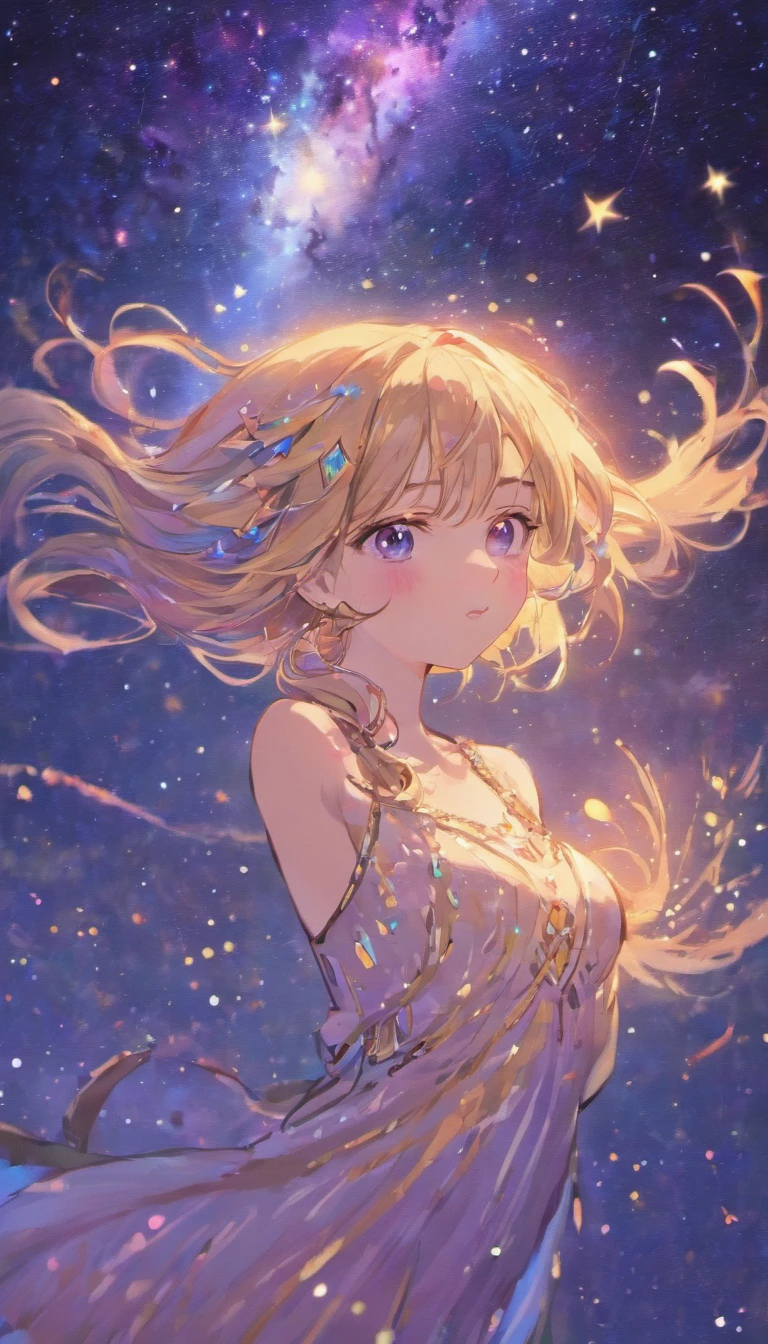 star_\(sky\), starry_sky, night_sky, night, 1girl, breasts, shooting_star, space, sky, milky_way, long_hair, starry_sky_print, light_particles, solo, wading, blue_eyes, aurora, looking_at_viewer, jewelry, water, dress, starry_background, galaxy, very_long_hair, bare_shoulders, bangs, city_lights, necklace, moon, hair_ornament, smile, constellation, ahoge