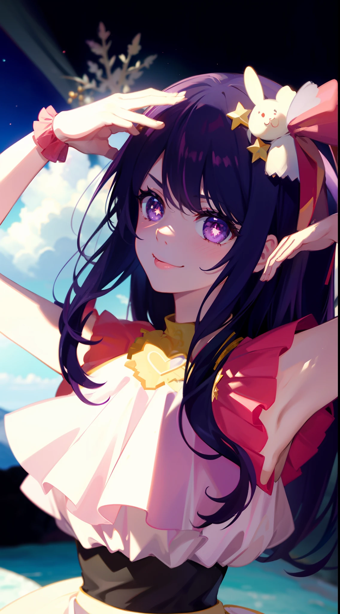 (best quality), (ultra_detailed), finely detail, (Depth of field), HshinoAi,gloves, tongue out, tongue, long hair, star \(symbol\), looking at viewer, (purple hair:1.2), purple eyes, upper body, hair ornament, :p, frills, pink shirt, smile, sleeveless, shirt, idol, symbol-shaped pupils, hands up, bangs, one side up, star-shaped pupils, arms up, dress pull, sky, flower, cliff,