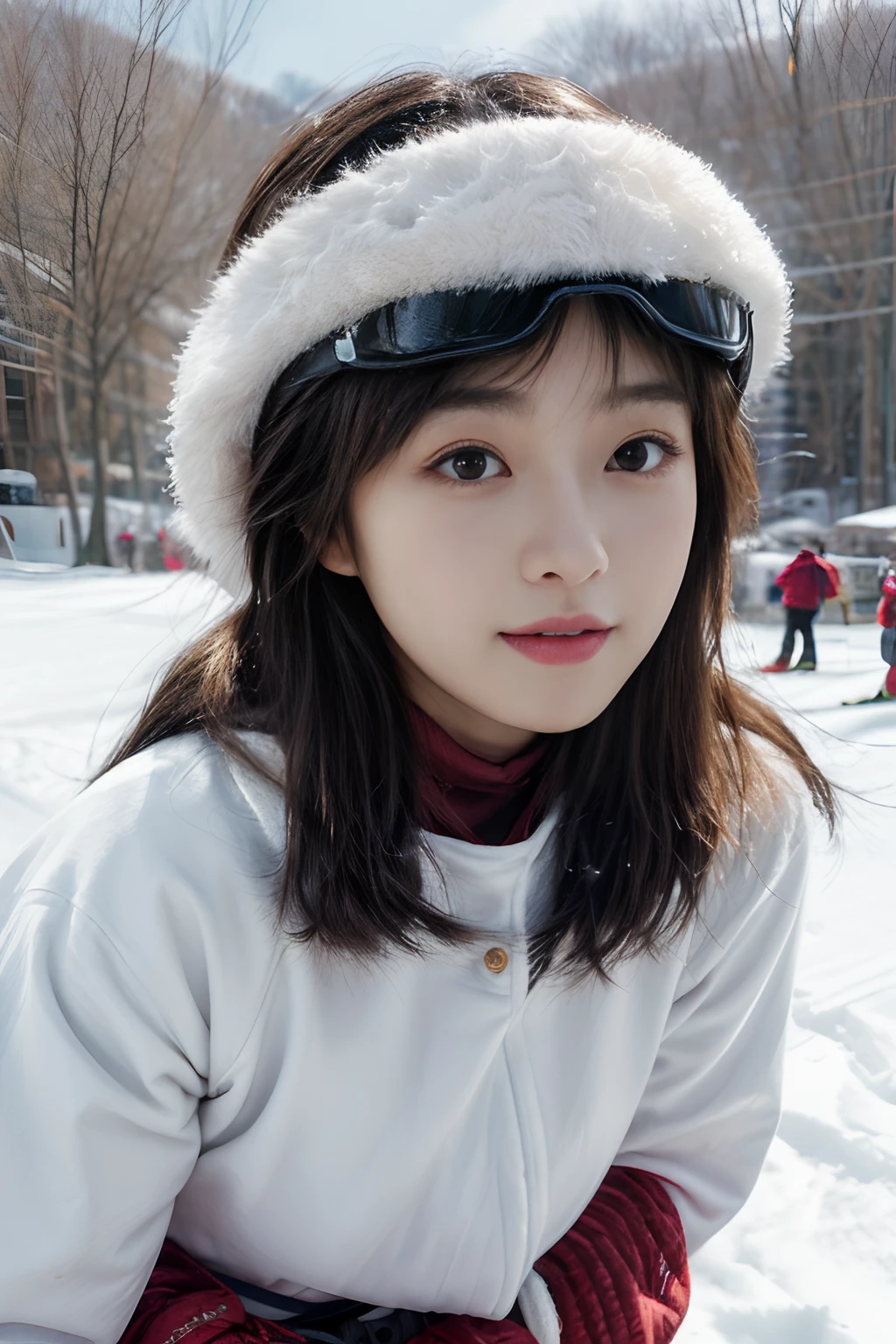 masterpiece、8K、32K、top-quality、(A cute Japanese woman:1.1)、detail portrayal、1 girl in、elegent、23years old、(Ski Wear、bangss:1.3)、(Winter Ski Resorts:1.1)、tits out、ssmile、cowboy shot