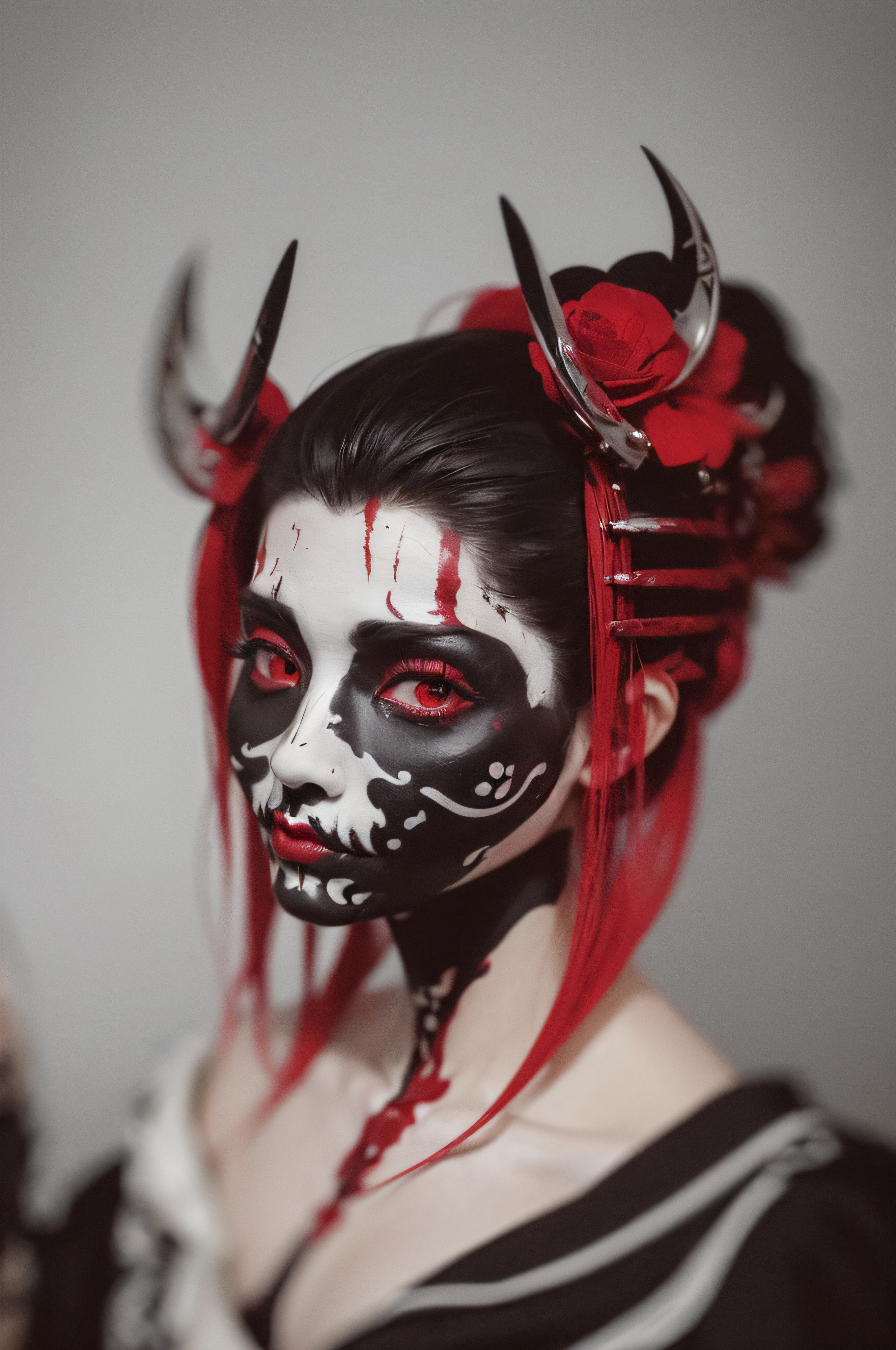 "(The best lighting, oscuro, dramatic),(feto calavera geisha escupiendo espaguetis con tinta roja, Cicatrices, sexy, cerebro, sangre, una rata dentro de la cabeza, terror.),(ojos rojos, calaveras). volumetric light.