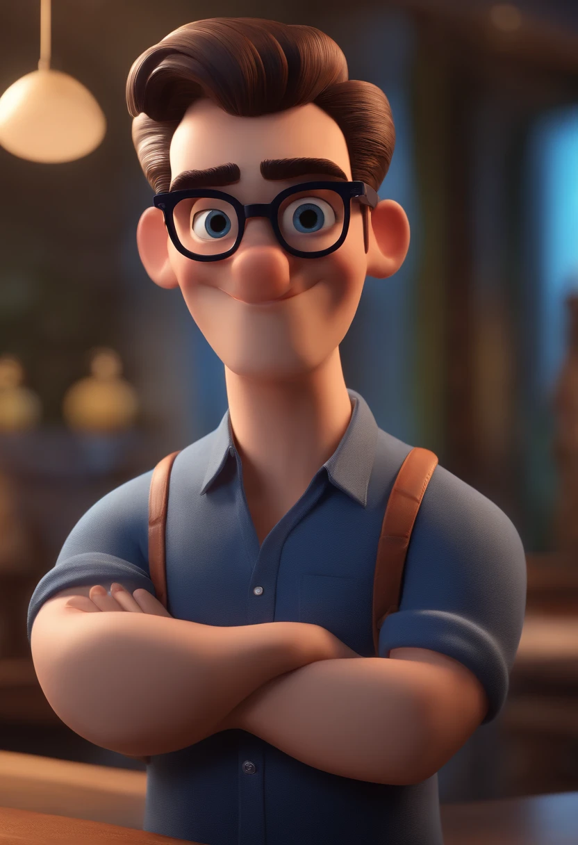 Cartoon character of a man with black glasses and a blue shirt, animation character, Caractere estilizado, animation style rendering, 3D estilizado, Arnold Maya render, 3 d render stylized, toon render keyshot, Personagem 3D, Personagem 3D, 3d rendering stylized, 3 d character render, personagem de desenho animado, Personagem de close up, Pose de personagem,  (Estilo Pixar) (master part:1.2) (Bokeh) (best quality) (pele detalhada) (textura detalhada) (8k) (argila) (Cinematic lighting) (foco nítido