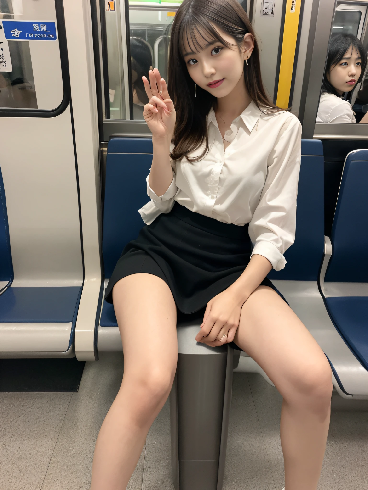 smile,one japanese woman,(masterpiece, Highest quality, 8K, RAW Photos, beautifully、aesthetic:1.2),  Intricate details, indirect lighting, Realistic,
whole body, Sitting on a chair on the train、Staring at the viewers、Voyeur、
 Square neck button-down linen sundress, 
 Training women , Chair to sit under skirt,openlegs