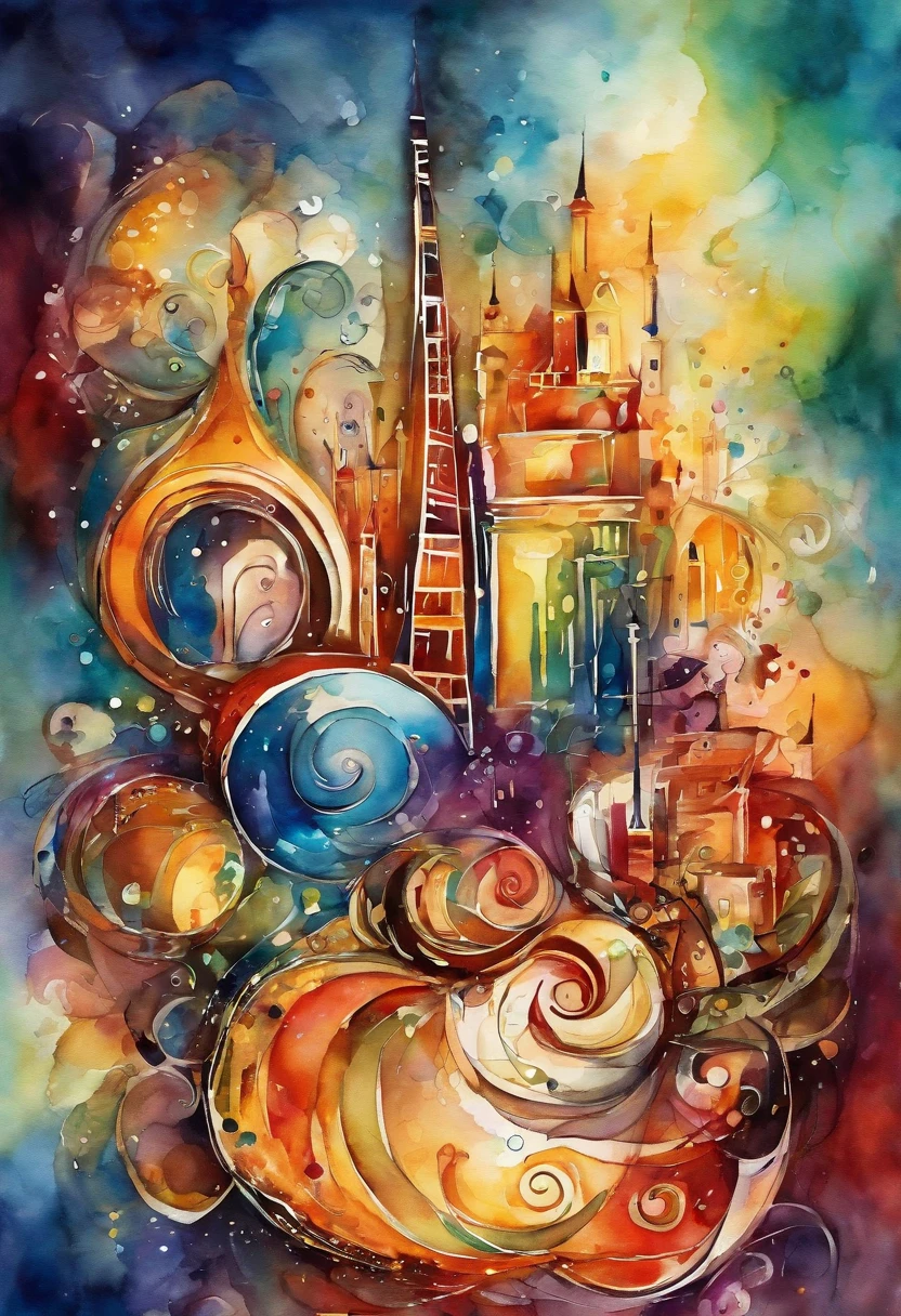 3d aquarela abstrata,fundo escuro, saxofone na rua de uma cidade iluminada noite deserta