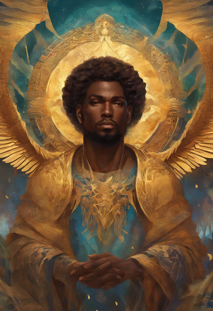 An 8K high-definition portrait of an African black man, anjo de 18 anos, de corpo inteiro, beleza do Deus Ebano, beleza de um deus, muito bonito ((Um homem africano negro, anjo)) A black angel man with several majestic wings, cabelos longos e cacheados, Deus do Mar, Deus do Oceano, Luthien, arte de deus, Deus da mitologia grega, Deus da Lua, Deus do amor e da paz, deus bonito, Mitologia do Deus da Terra, o deus Eros, Um retrato impressionante de um deus, Frank Kelly Freas, Estilo Karol Bak, ((beautiful face)), Ultra Definition, melhor qualidade, 32k ultra | | | | | | ||, Ultra HD | | | | | | |
