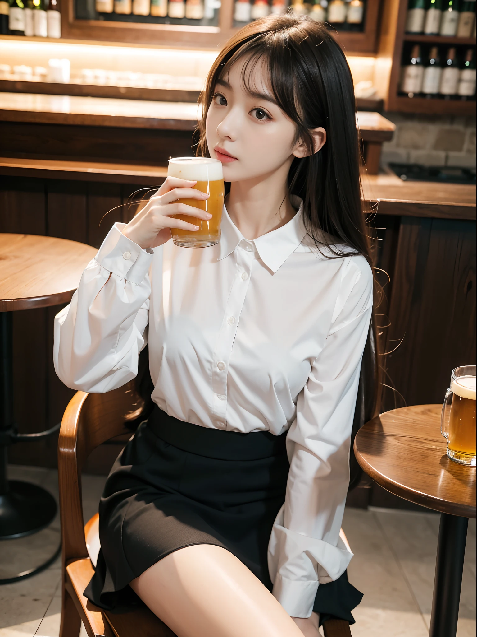 natta、In the tavern、sitting in the chair、Full body、Wearing a suit,skirt by the、While drinking a mug of beer vigorously with one hand、Super Real、ultra-detailliert, oblique bangs、 masuter piece, top-quality,realskin,(portlate:1.5), 1girl in,, The long-haired、looking upwards、Looking at the camera