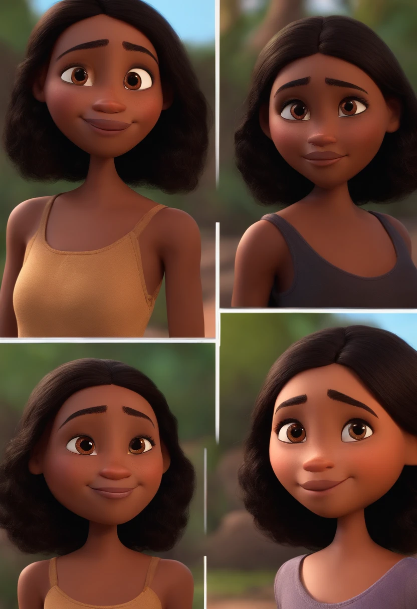mulher de 22 anos, de pele parda, estagiaria, indigena, cabelo longo liso e preto, rosto oval, olhos castanhos 3d pixar