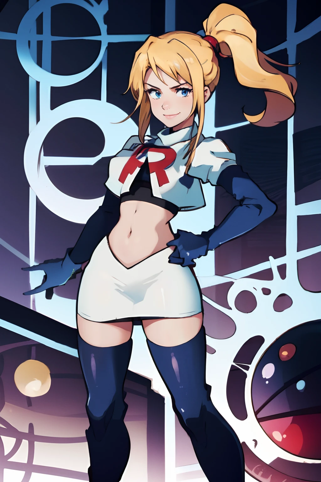 samus aran, ponytail, hair tie, team rocket, team rocket uniform, red letter R, white skirt, white crop top, black thigh-highs, black elbow gloves, smile