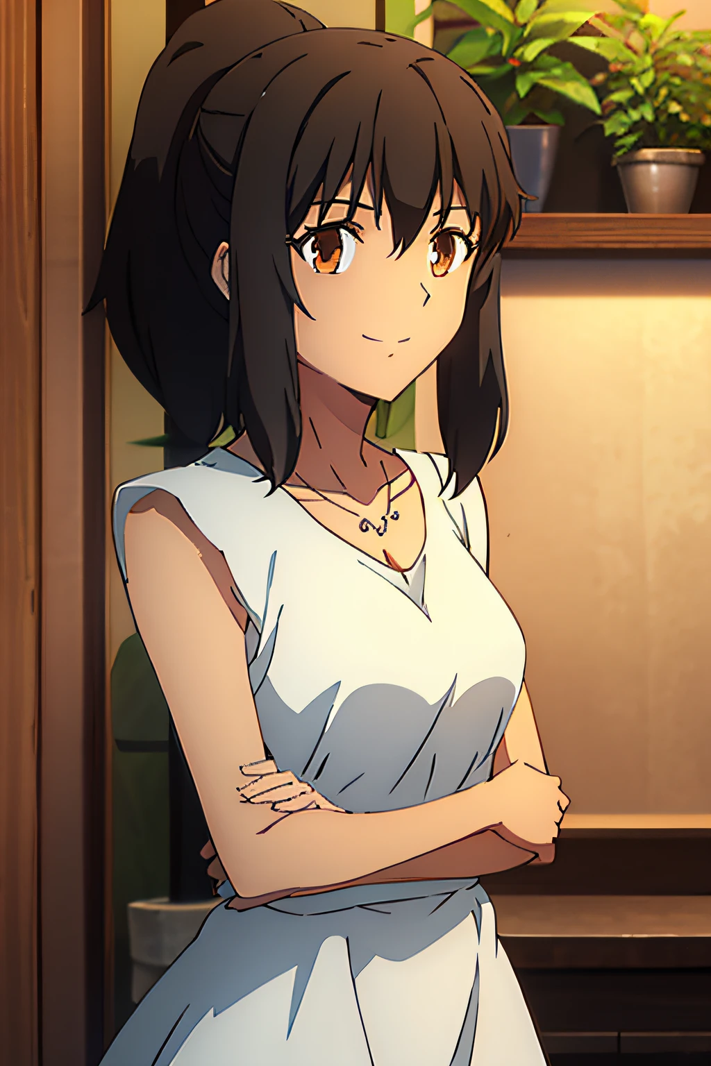FATESHIRLEY, BROWN HAIR, SHORT PONYTAIL, BROWN EYES, WHITE DRESS, SLEEVELESS, CLEAVAGE, NECKLACE, DARK SKIN, 1girl, solo, upper body, facing viewer, looking at viewer, smile.