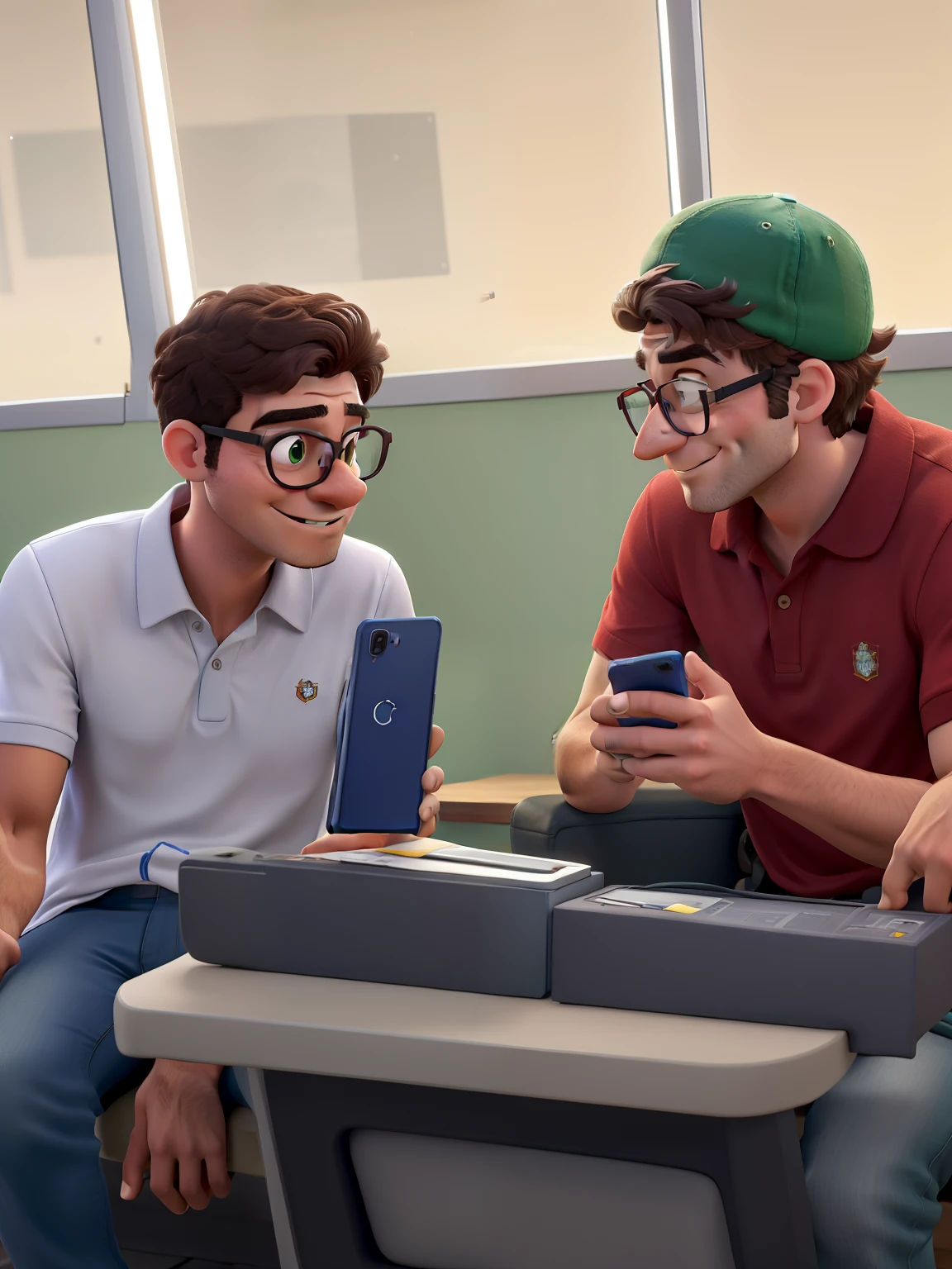 Imagem em estilo pixel de dois amigos conversando, o da esquerda traja uma blusa branca, Sideways hair and doesn't wear glasses, esta com um olhar sorridente para seu amigo, the Other wears a red polo shirt with a green cap and glasses, The one in the red blouse is showing him his phone, um olhar para o outro sorrir.