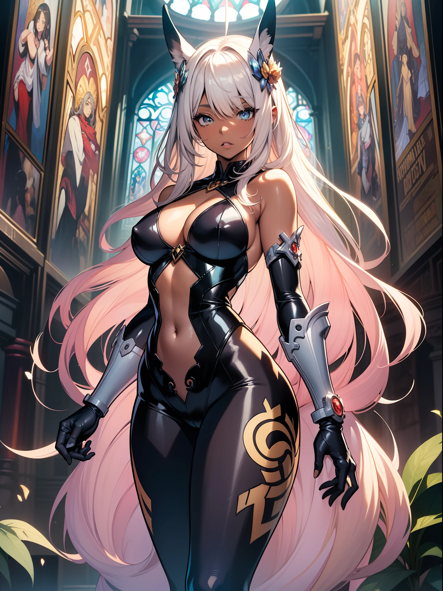 ::Kennedy and Daniel Sunpere::2.0 Anime Gacha Illustration Style、tatoon style、Comic book style、、(Beautiful and clear background:1.2)、、fantastic painting、cabelos preto e longos、Stained glass color、Alphonse Mucha style、Fantastic paintings by Joe Madureira、hightquality、art by、digitial illustration、comic book style、perfect anatomia、central、Beautiful woman approaching perfection、Dynamic、extremely detailed watercolor、art stations、concept-art、smooth、S(masterpiece、extremely_detailed_CG、 8k_wallpaper:1.2)、dark skinned female、Midriff、{masterpiece}、{ighly detailed}、Black bunny suit、tights、Buttock emphasis