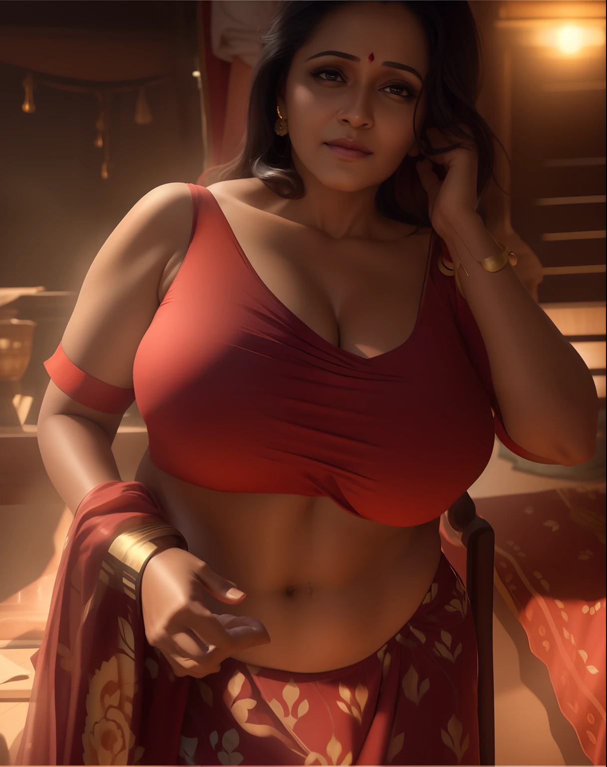 keep same as real photo,photorealism,8K,HDR,Cinematic light,indian mid aged lady,big breast,big cleavage,saari