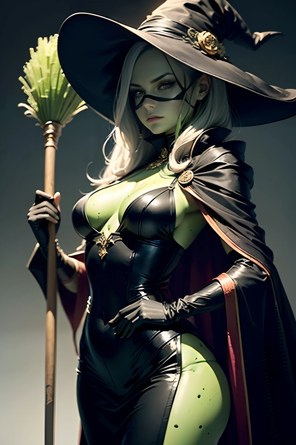 Masterpiece, high quality, full detailed, 8k, !(Mila Kunis like the bad witch of the west, !(((green skin))) and perfect body, His clothing is a black suit with red details, which gives him a more sombre and elegant appearance. Her hat becomes taller and more pointed, and she wears a black veil that covers part of her face. His main accessory is a magic broom, which he uses to fly and cast spells)
