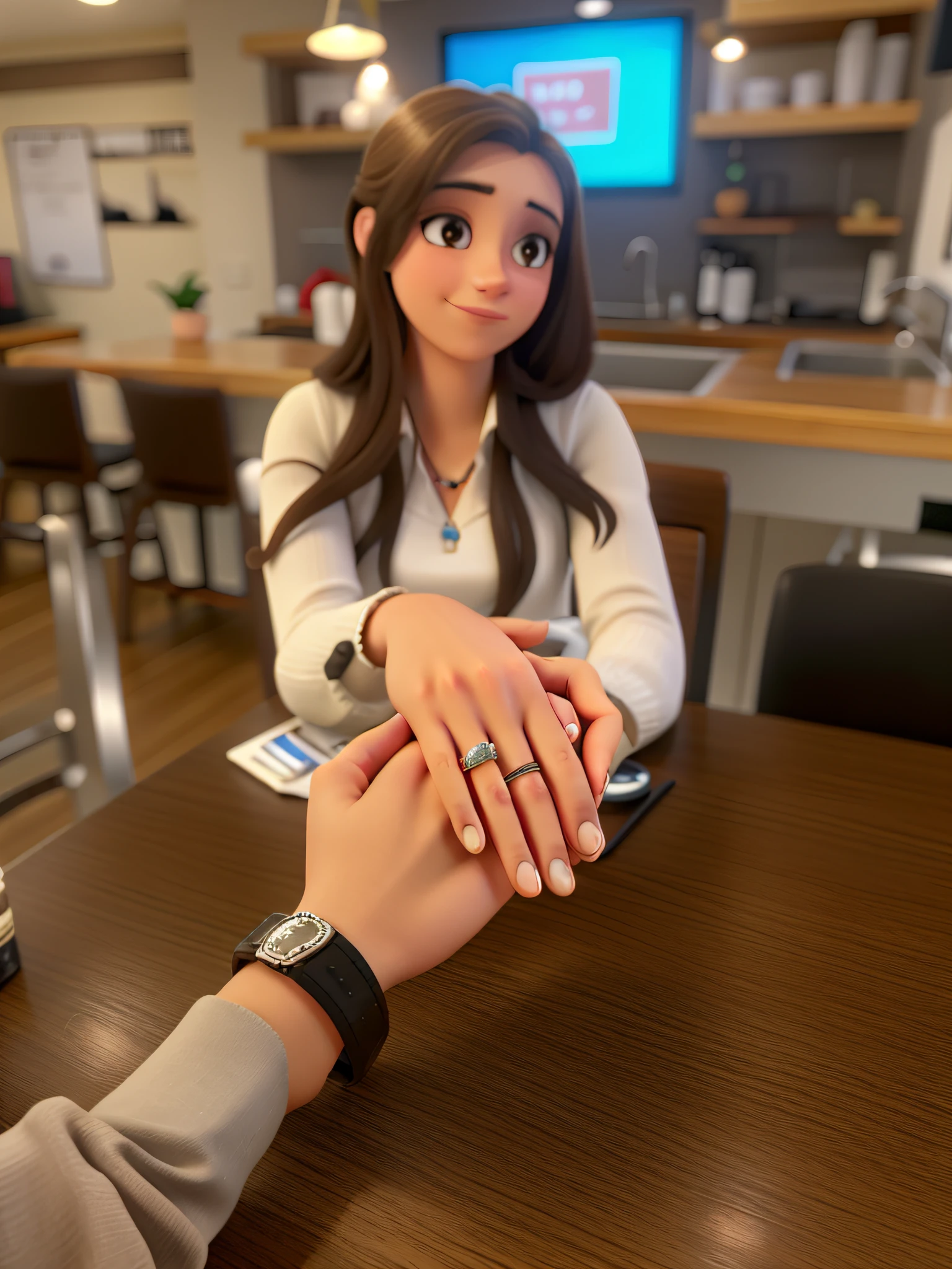 A Male Hand Holding a Female Hand with Engagement Ring, em uma lanchonete